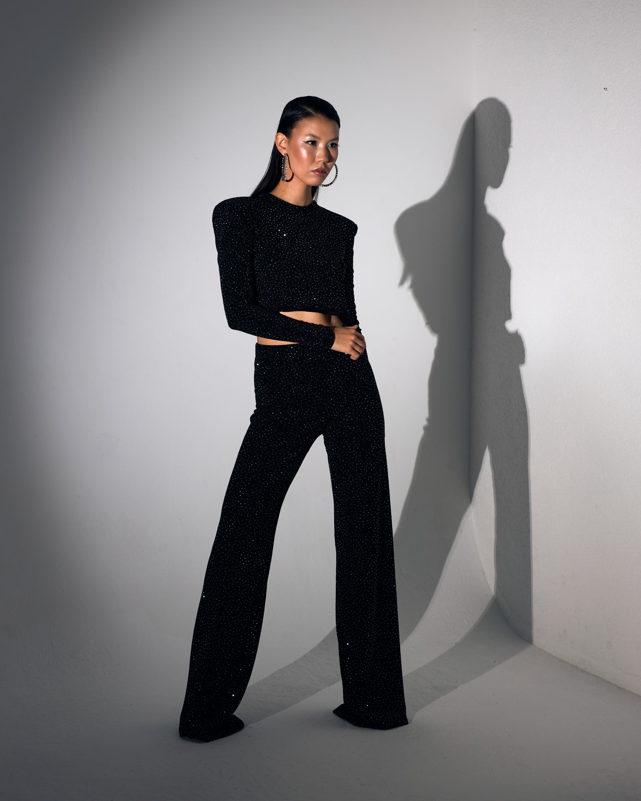 Sırtı Açık Crop Bluz ve İspanyol Paça Pantolon Siyah Üzeri Taşlı Takım