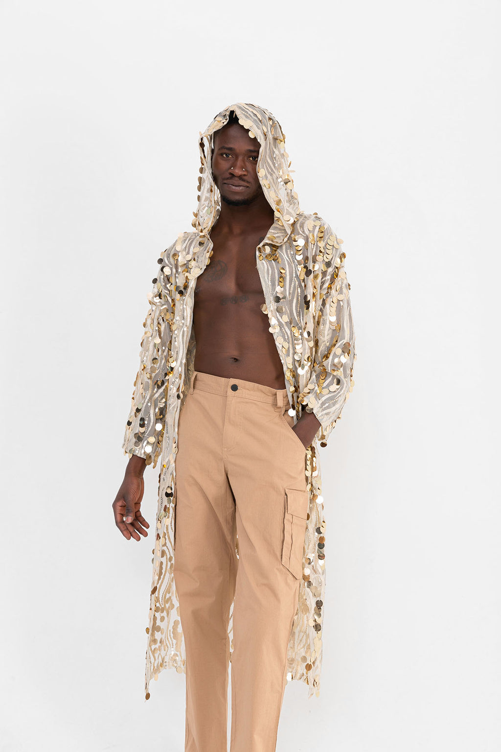 Pul Payetli Gold Uzun Kimono