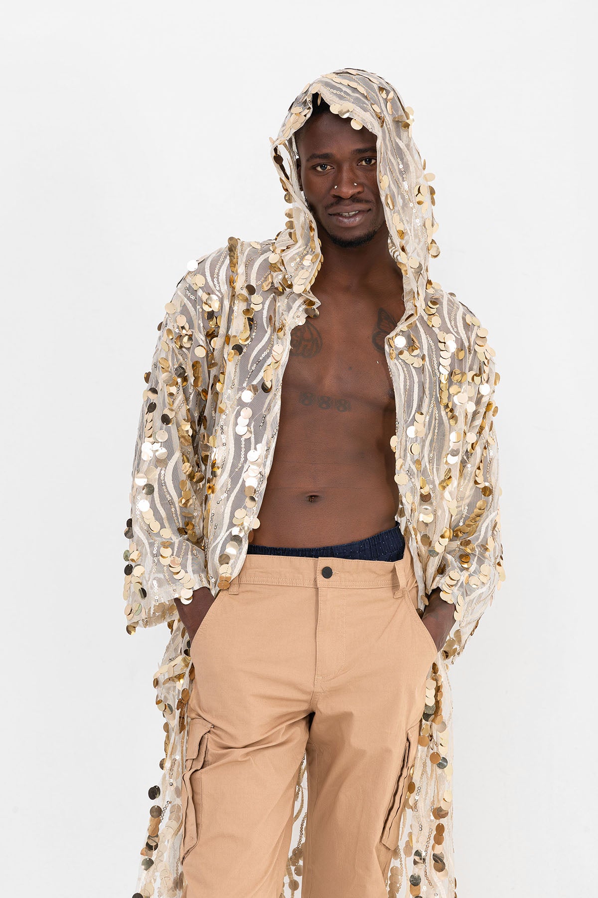 Pul Payetli Gold Uzun Kimono