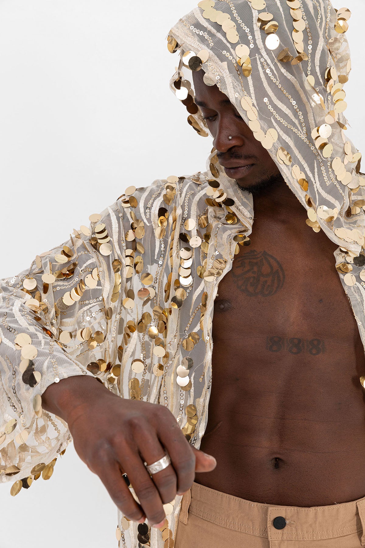 Pul Payetli Gold Uzun Kimono