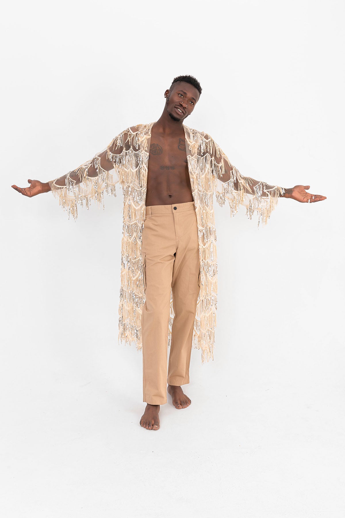 Pul Payetli Püsküllü Bej Uzun Kimono