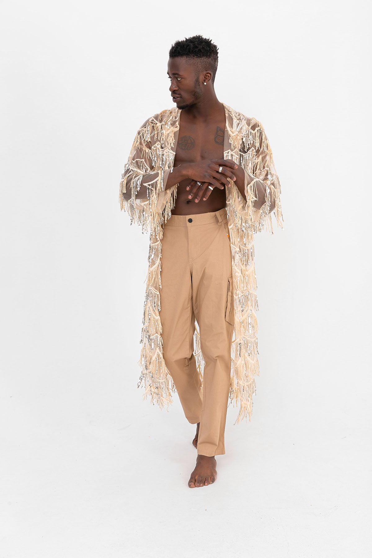 Pul Payetli Püsküllü Bej Uzun Kimono