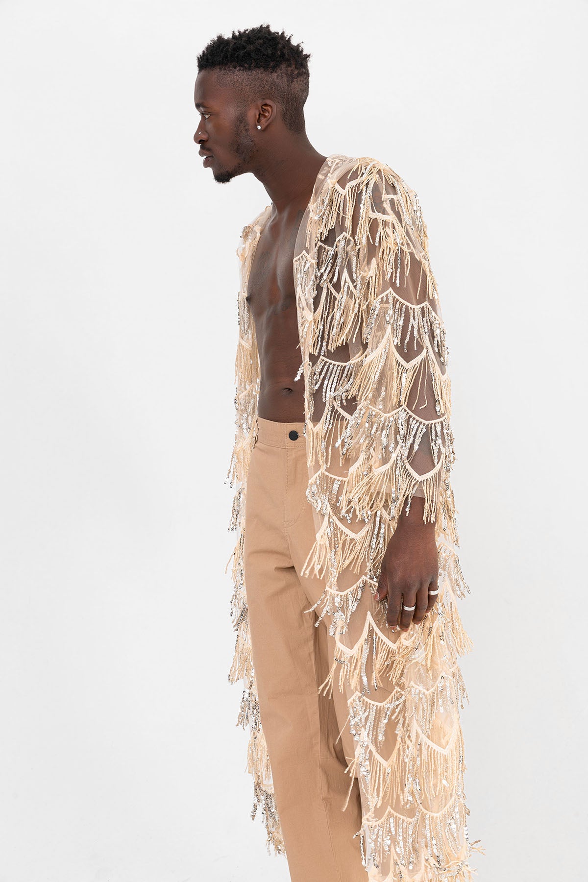 Pul Payetli Püsküllü Bej Uzun Kimono