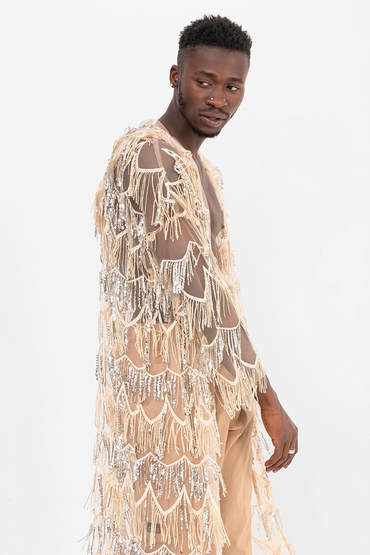 Pul Payetli Püsküllü Bej Uzun Kimono