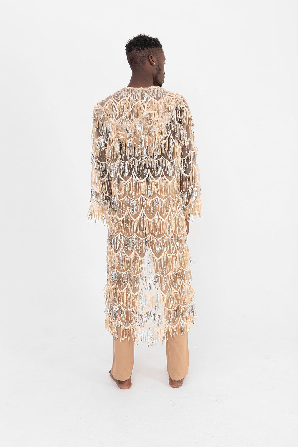 Pul Payetli Püsküllü Bej Uzun Kimono