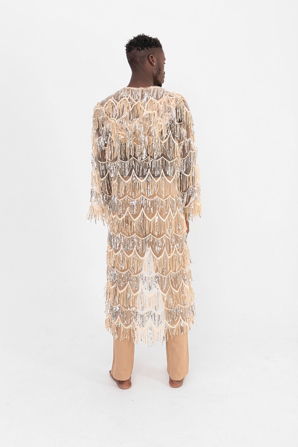 Pul Payetli Püsküllü Bej Uzun Kimono