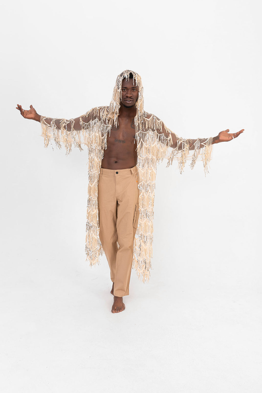 Pul Payetli Püsküllü Bej Uzun Kimono