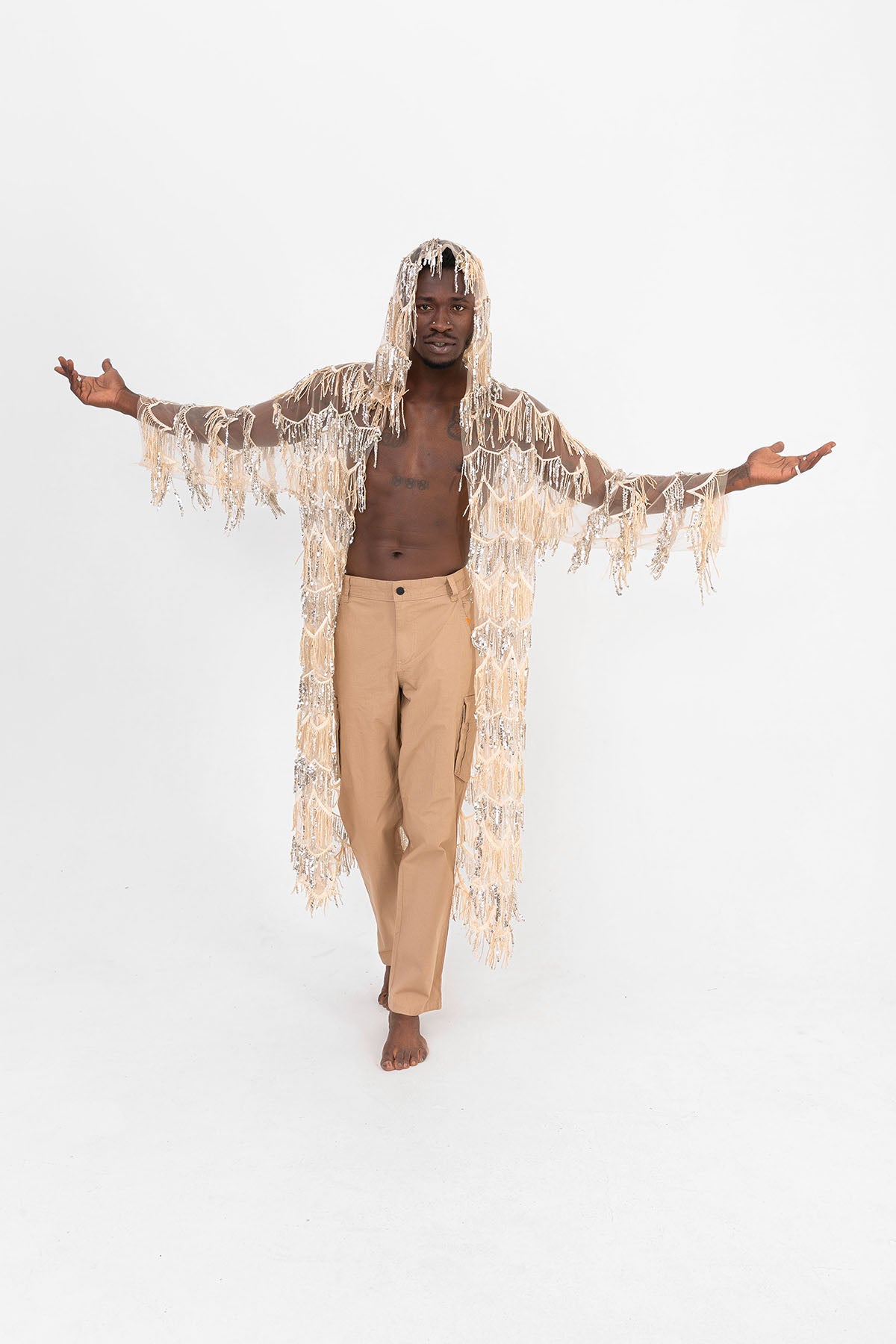 Pul Payetli Püsküllü Bej Uzun Kimono