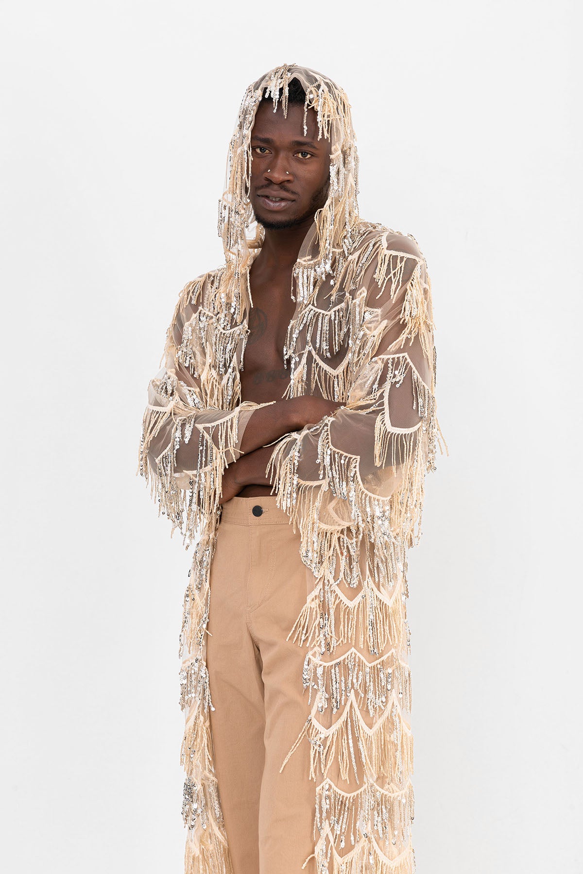 Pul Payetli Püsküllü Bej Uzun Kimono