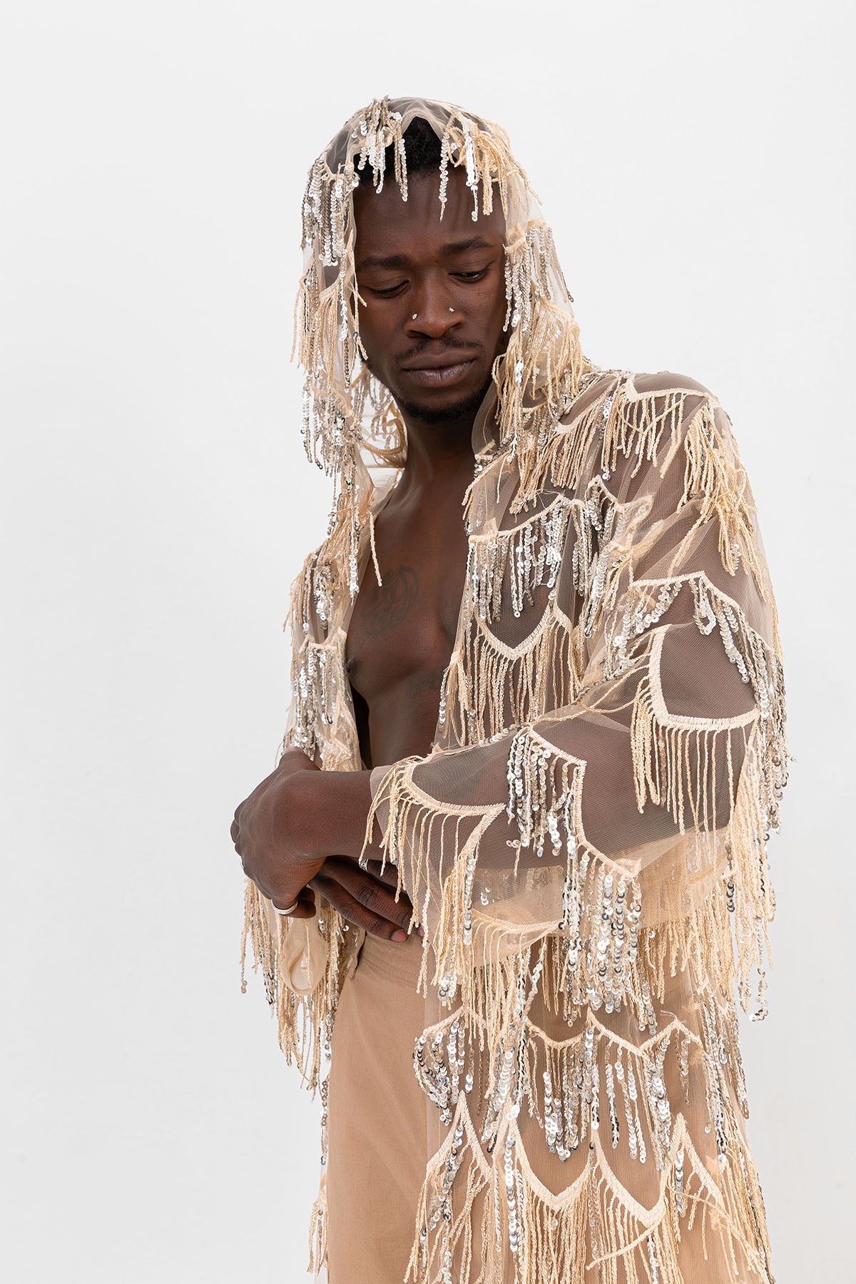 Pul Payetli Püsküllü Bej Uzun Kimono