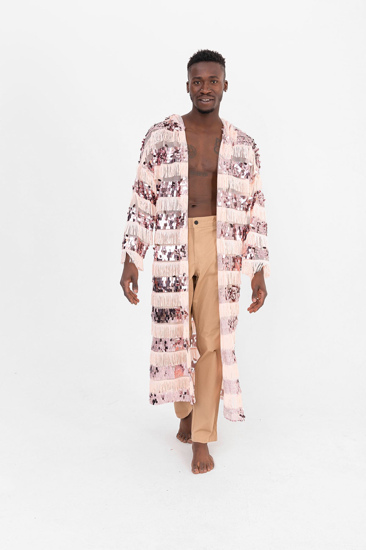 Pul Payetli Püsküllü Pembe Uzun Kimono