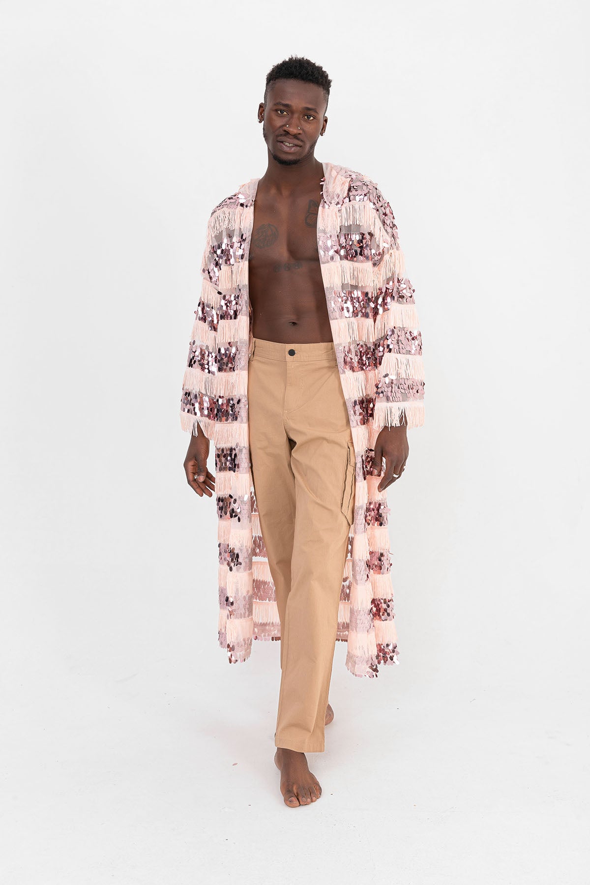 Pul Payetli Püsküllü Pembe Uzun Kimono