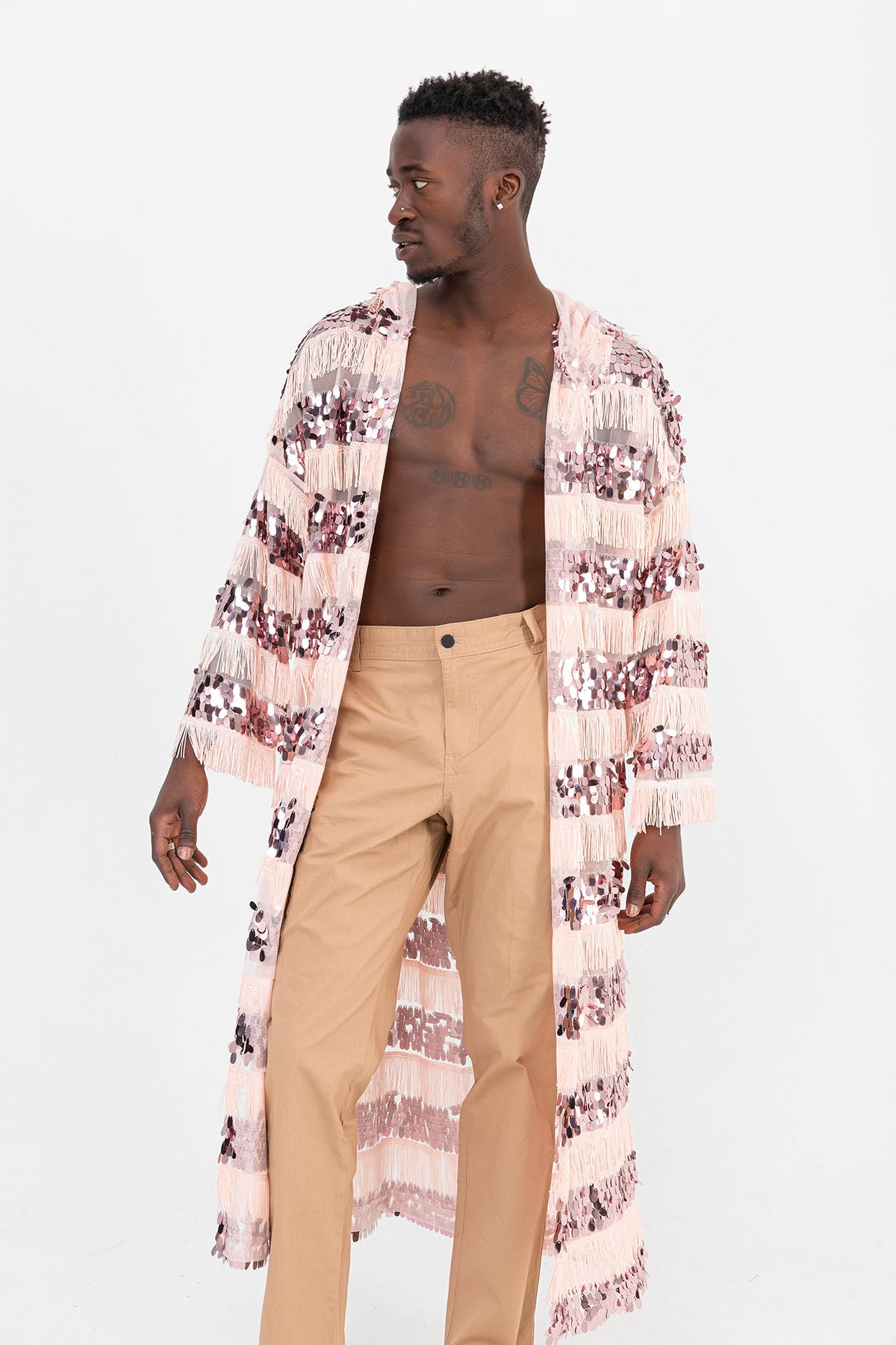 Pul Payetli Püsküllü Pembe Uzun Kimono