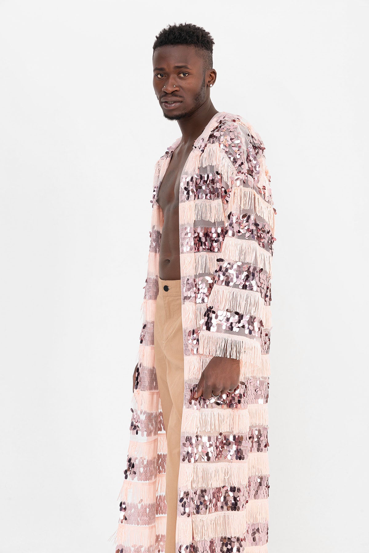 Pul Payetli Püsküllü Pembe Uzun Kimono