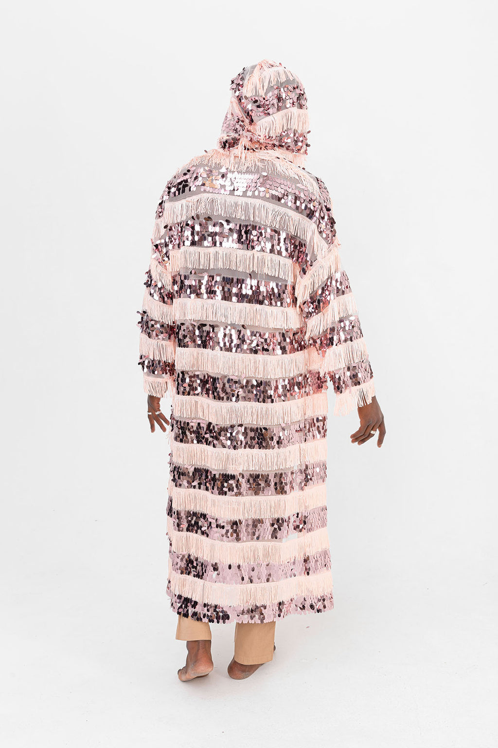 Pul Payetli Püsküllü Pembe Uzun Kimono