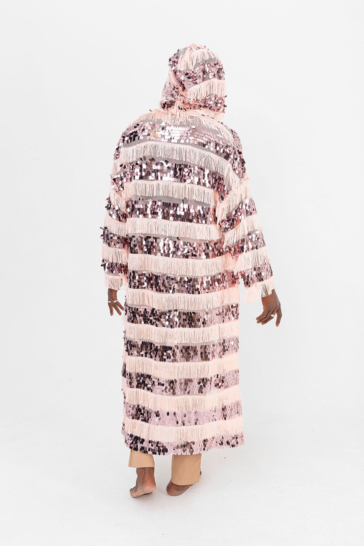 Pul Payetli Püsküllü Pembe Uzun Kimono