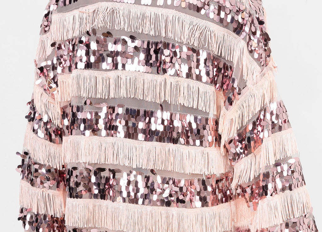 Pul Payetli Püsküllü Pembe Uzun Kimono