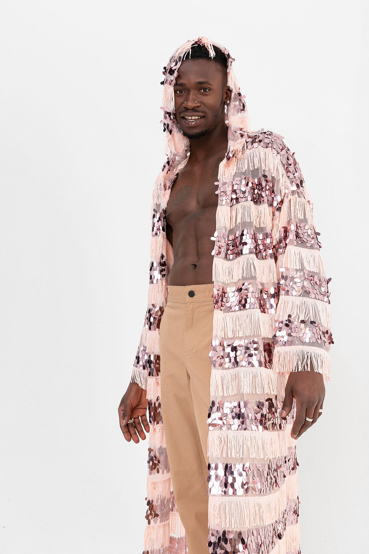 Pul Payetli Püsküllü Pembe Uzun Kimono