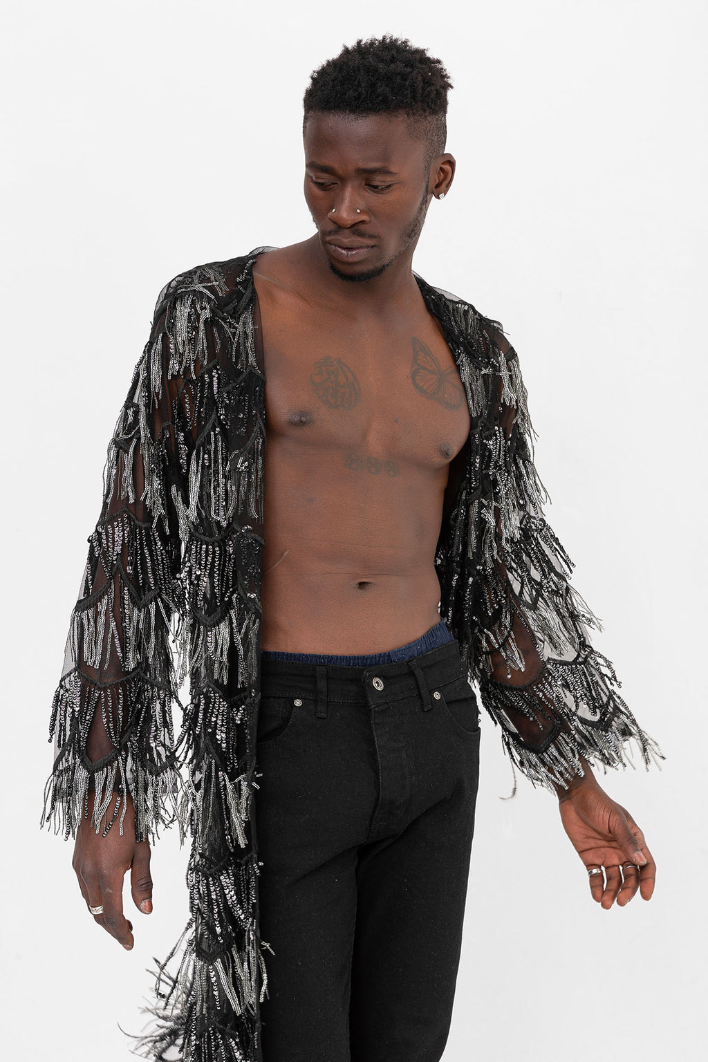 Pul Payetli Püsküllü Siyah Gümüş Uzun Kimono