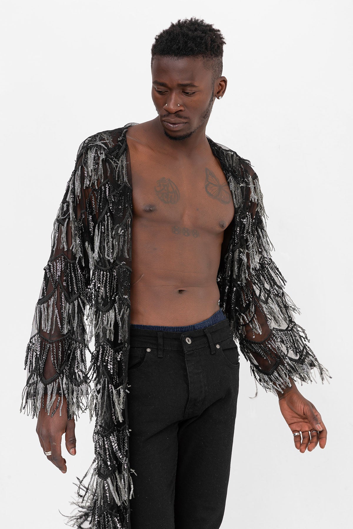 Pul Payetli Püsküllü Siyah Gümüş Uzun Kimono