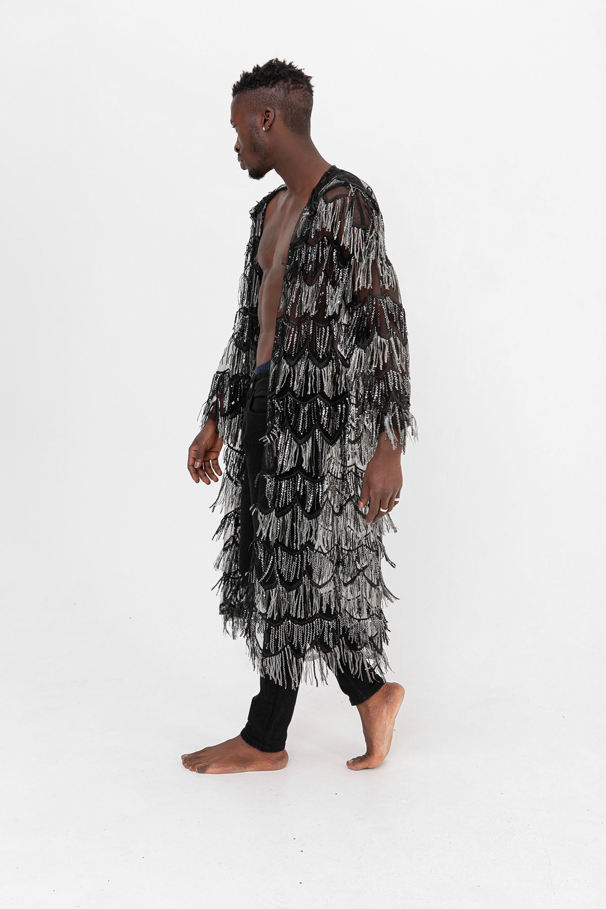 Pul Payetli Püsküllü Siyah Gümüş Uzun Kimono