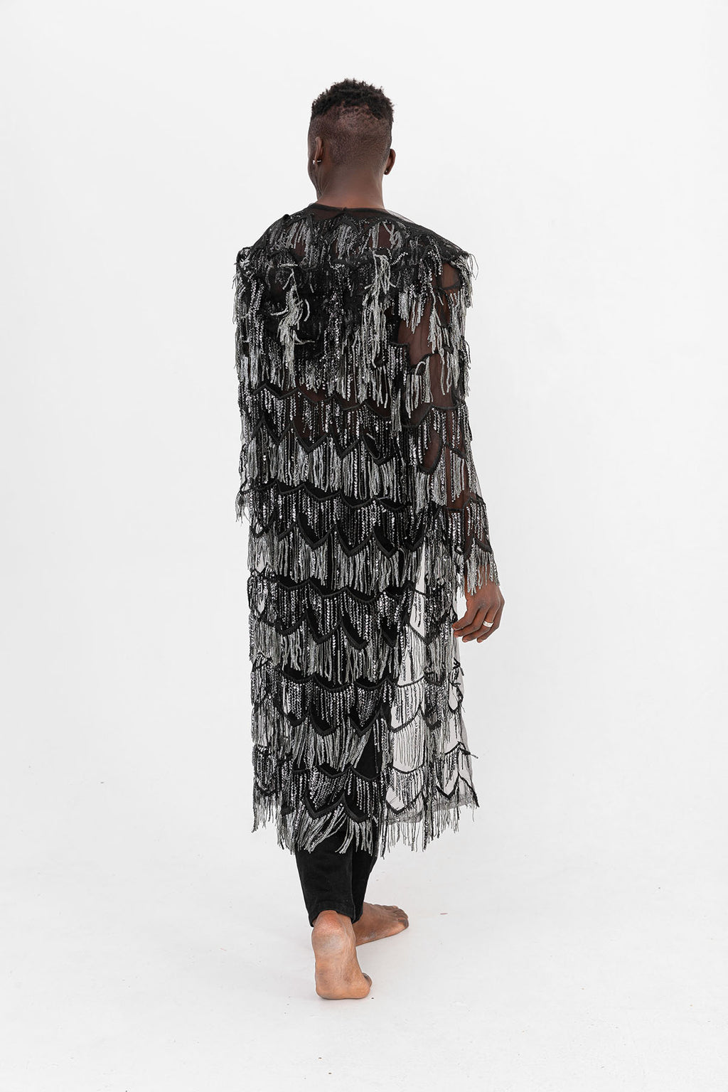 Pul Payetli Püsküllü Siyah Gümüş Uzun Kimono