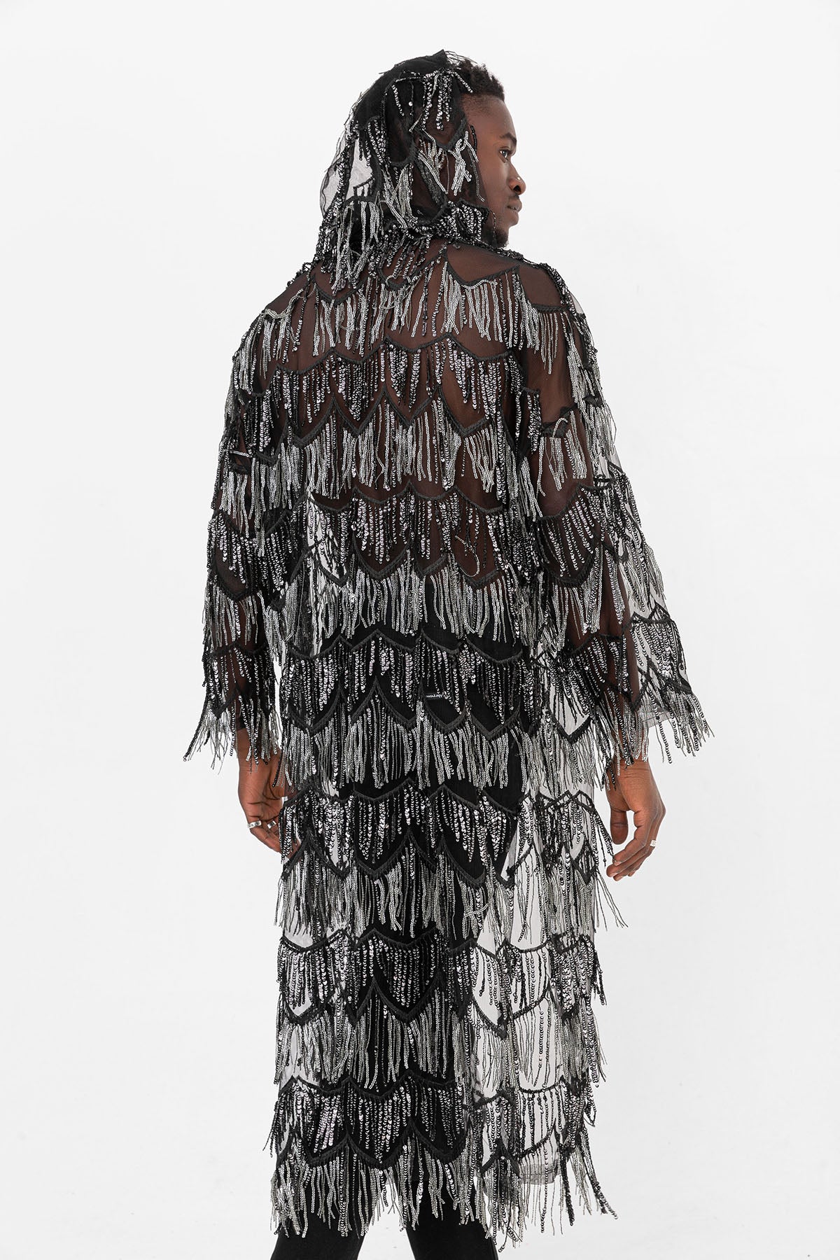 Pul Payetli Püsküllü Siyah Gümüş Uzun Kimono