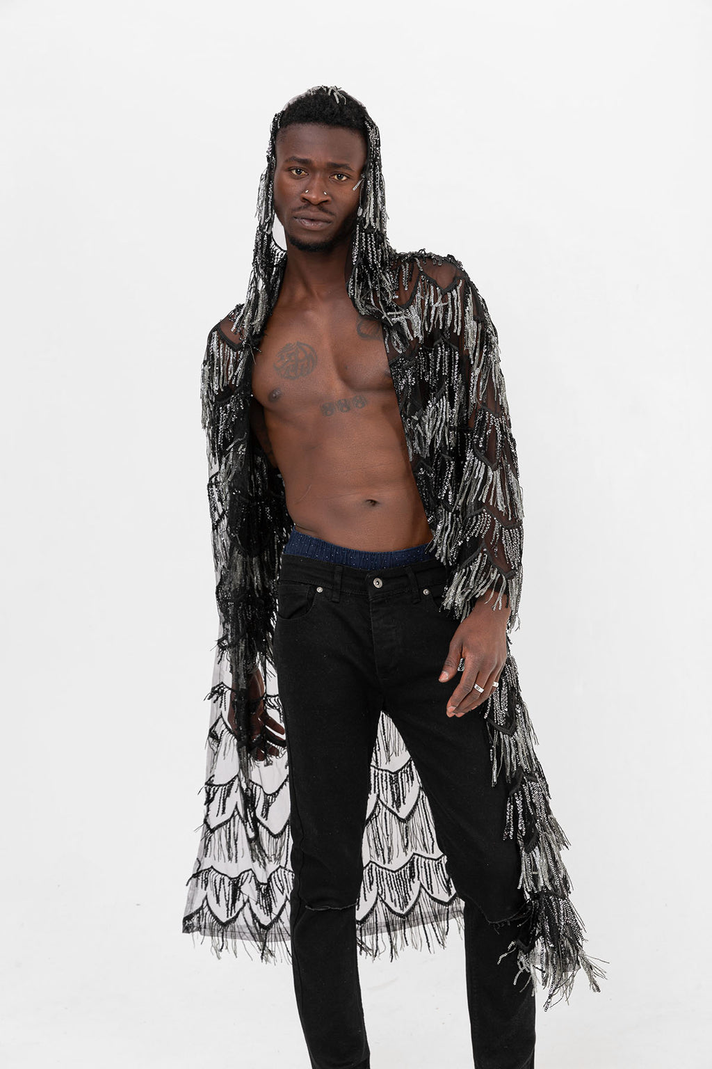 Pul Payetli Püsküllü Siyah Gümüş Uzun Kimono