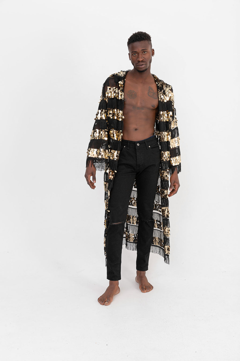 Pul Payetli Püsküllü Siyah Gold Uzun Kimono