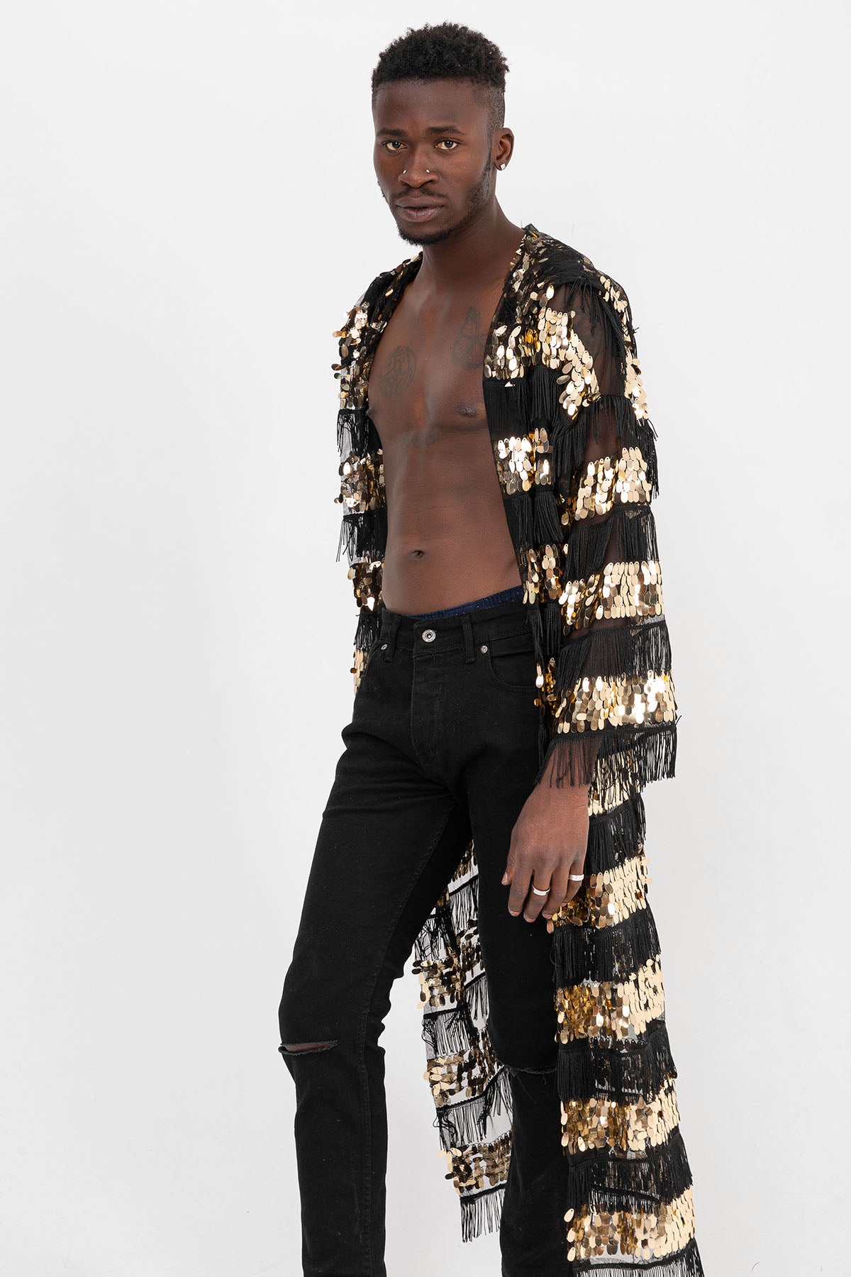 Pul Payetli Püsküllü Siyah Gold Uzun Kimono