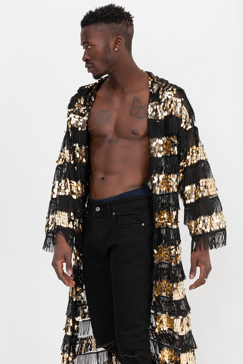 Pul Payetli Püsküllü Siyah Gold Uzun Kimono