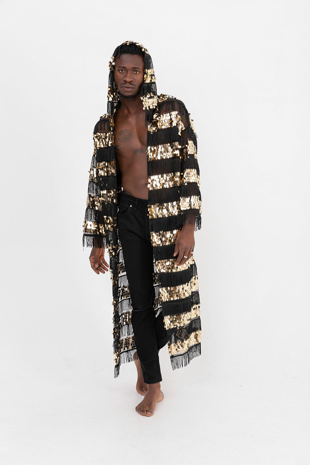 Pul Payetli Püsküllü Siyah Gold Uzun Kimono