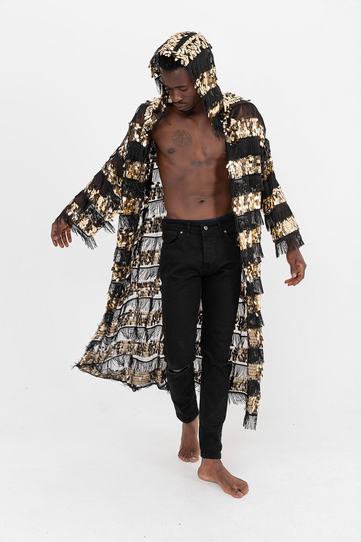 Pul Payetli Püsküllü Siyah Gold Uzun Kimono