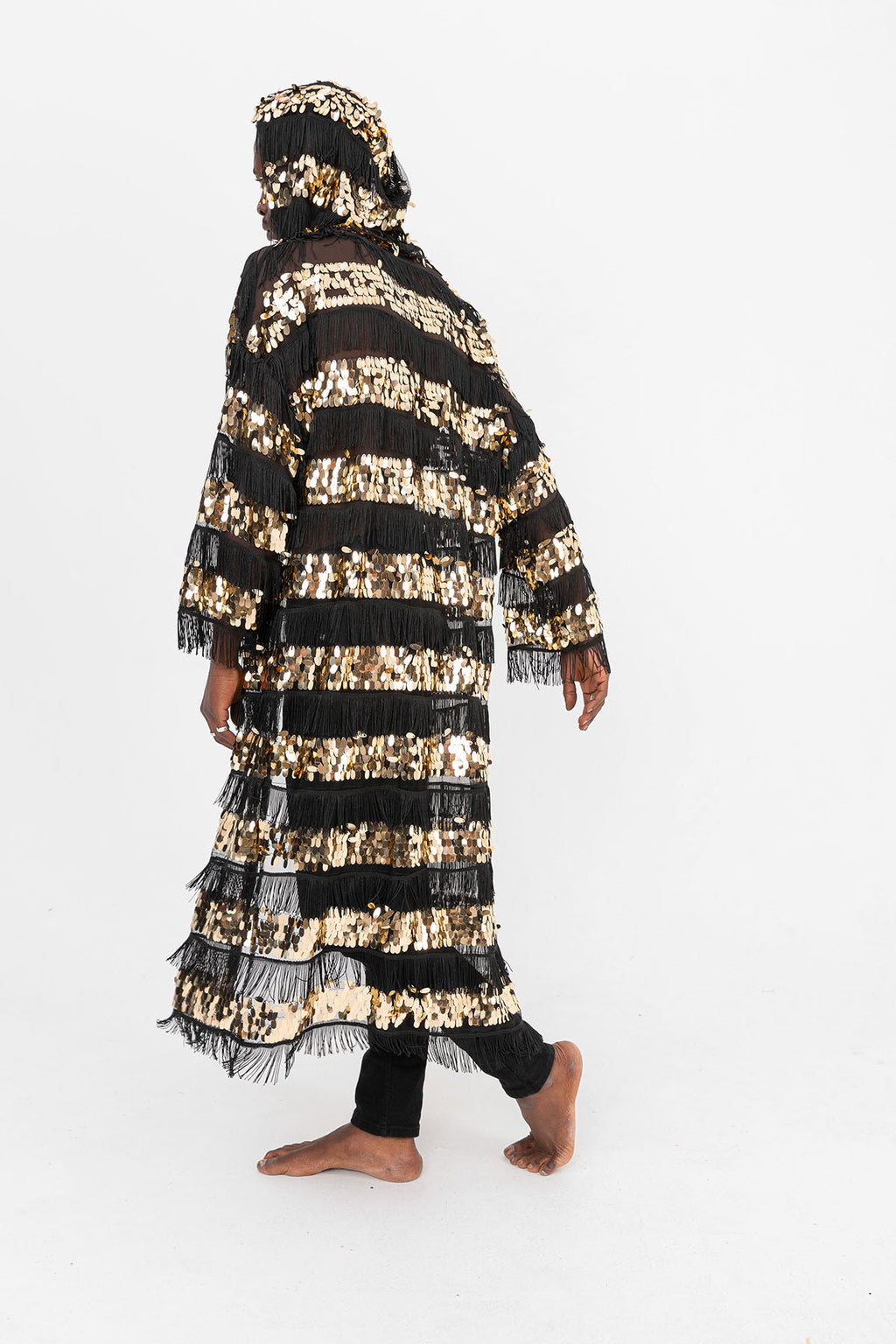 Pul Payetli Püsküllü Siyah Gold Uzun Kimono