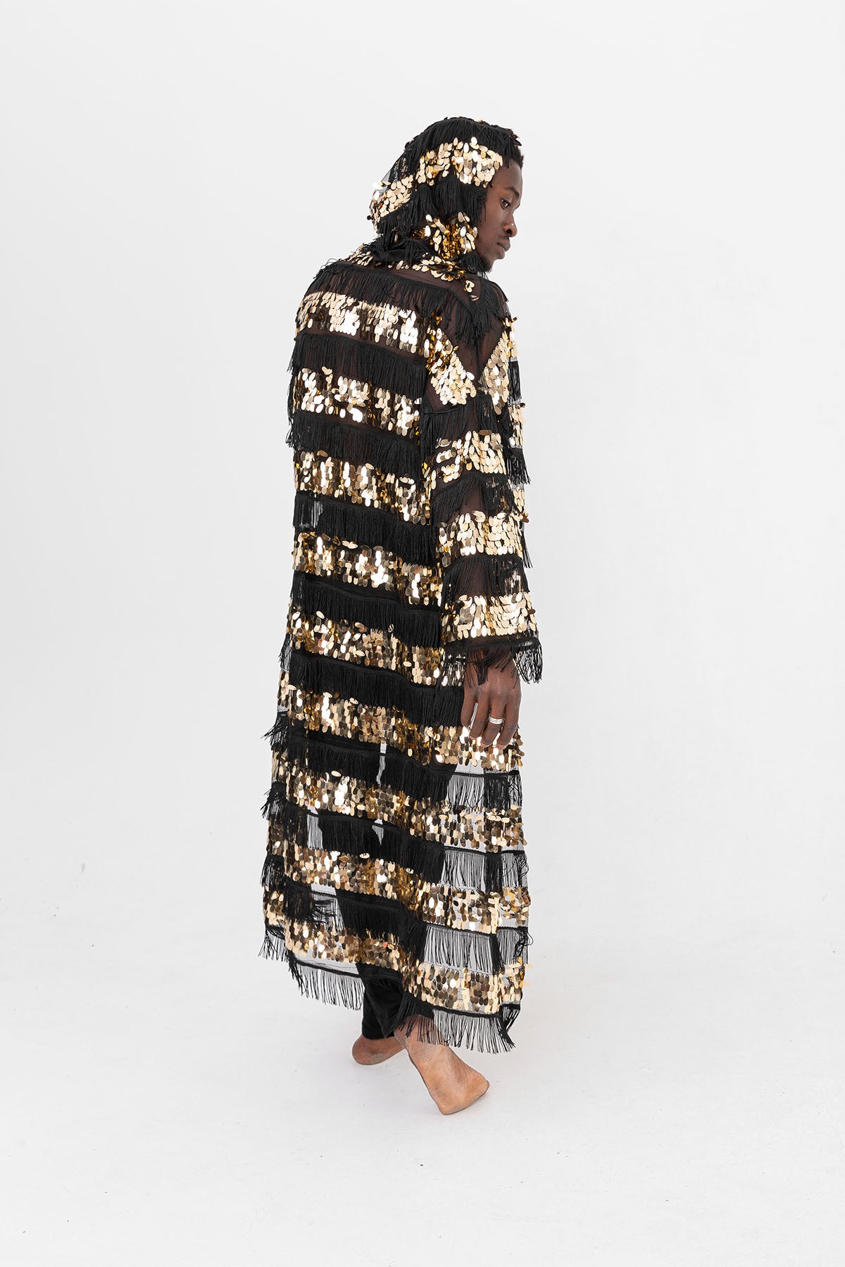 Pul Payetli Püsküllü Siyah Gold Uzun Kimono