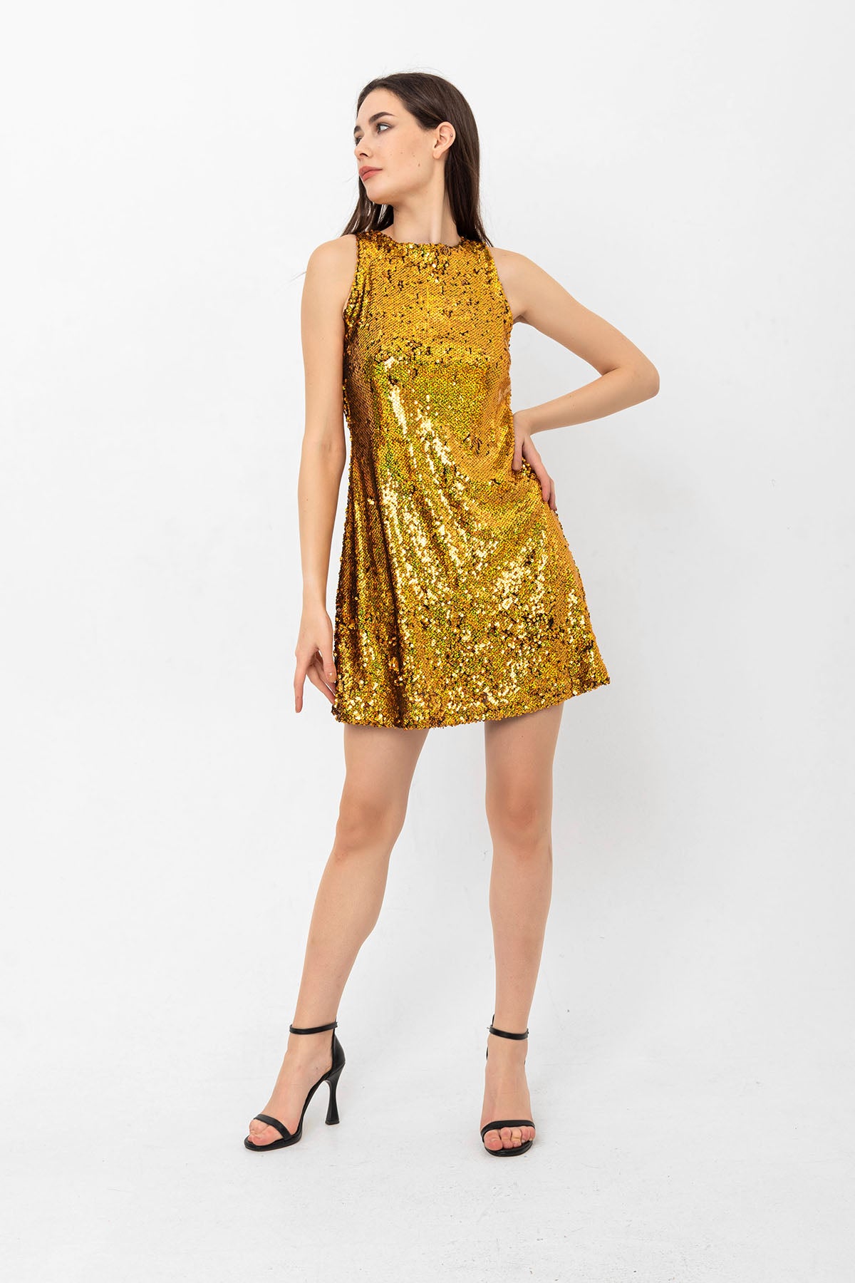 Pul Payetli Hologramlı Gold Mini Elbise