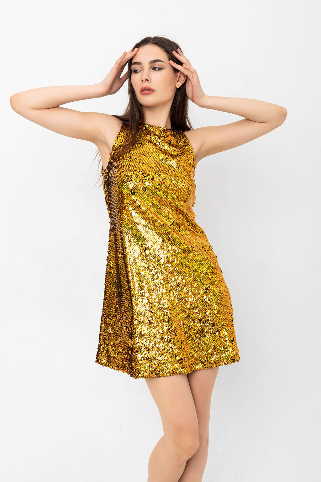 Pul Payetli Hologramlı Gold Mini Elbise