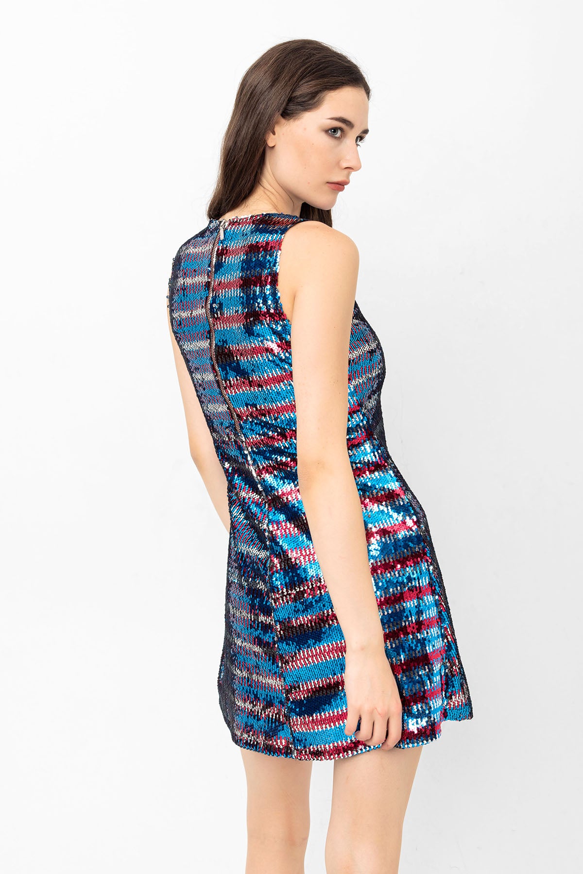 Pul Payetli Mavi Bordo Çizgili Mini Elbise