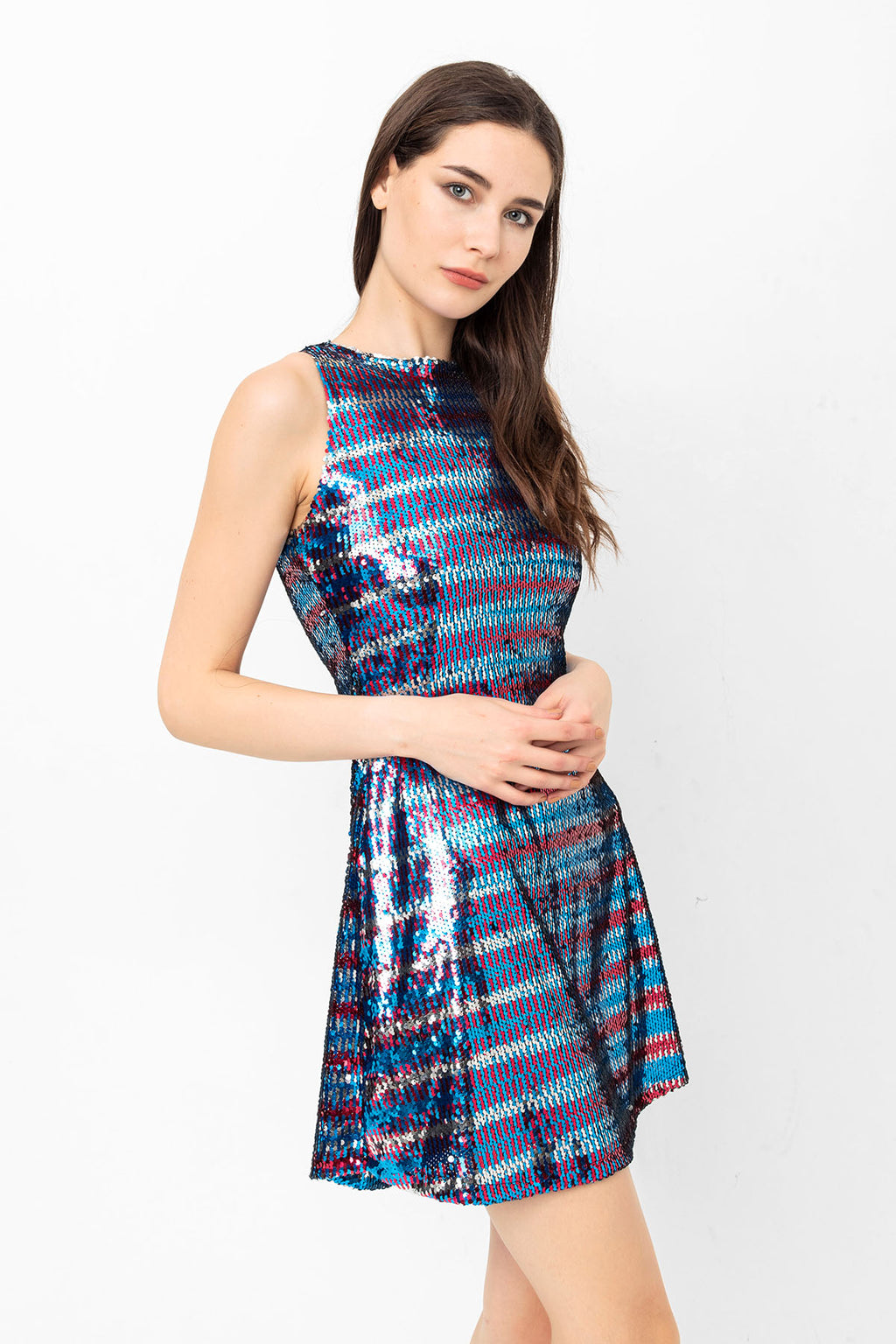 Pul Payetli Mavi Bordo Çizgili Mini Elbise