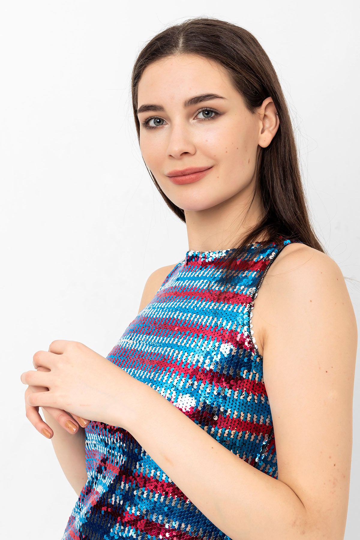 Pul Payetli Mavi Bordo Çizgili Mini Elbise