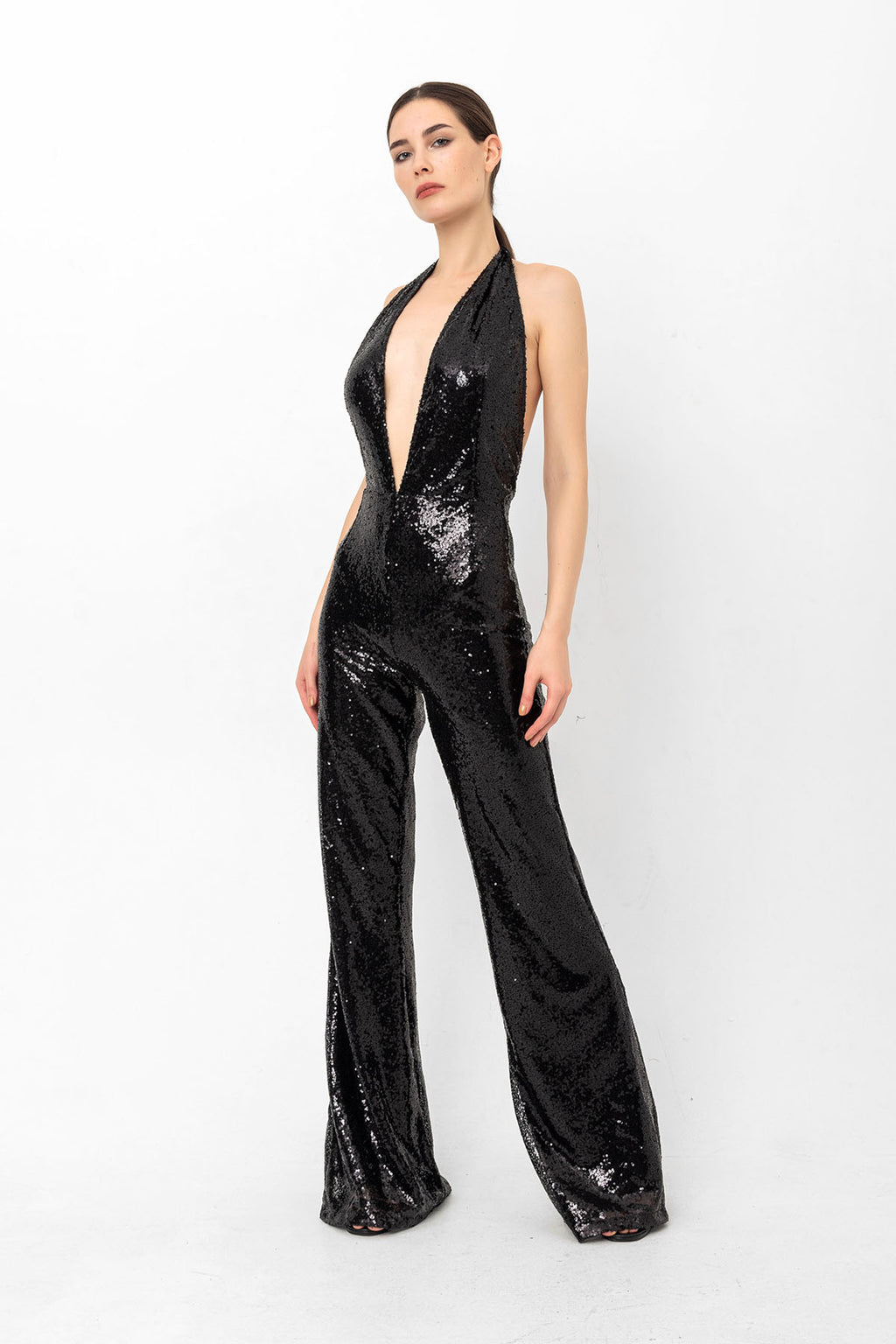 V Yaka Pul Payetli Siyah Abiye Tulum