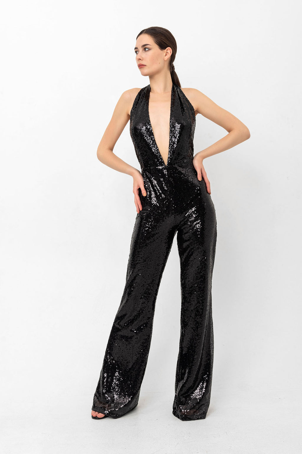 V Yaka Pul Payetli Siyah Abiye Tulum