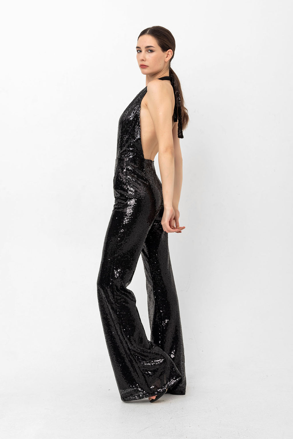 V Yaka Pul Payetli Siyah Abiye Tulum