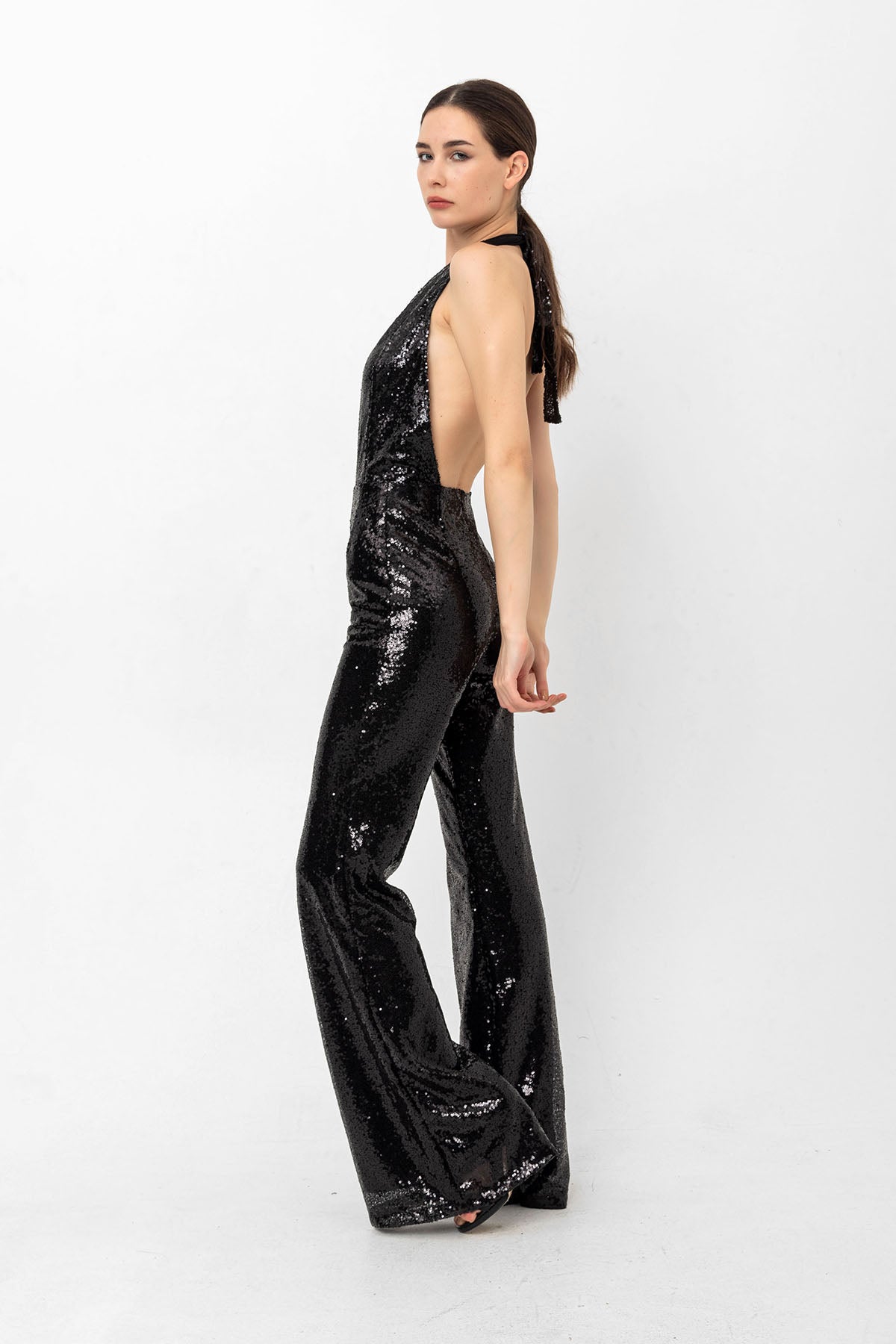 V Yaka Pul Payetli Siyah Abiye Tulum