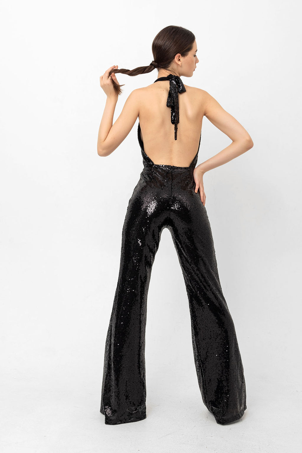 V Yaka Pul Payetli Siyah Abiye Tulum