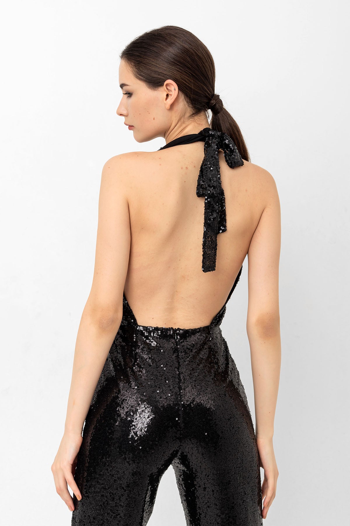 V Yaka Pul Payetli Siyah Abiye Tulum