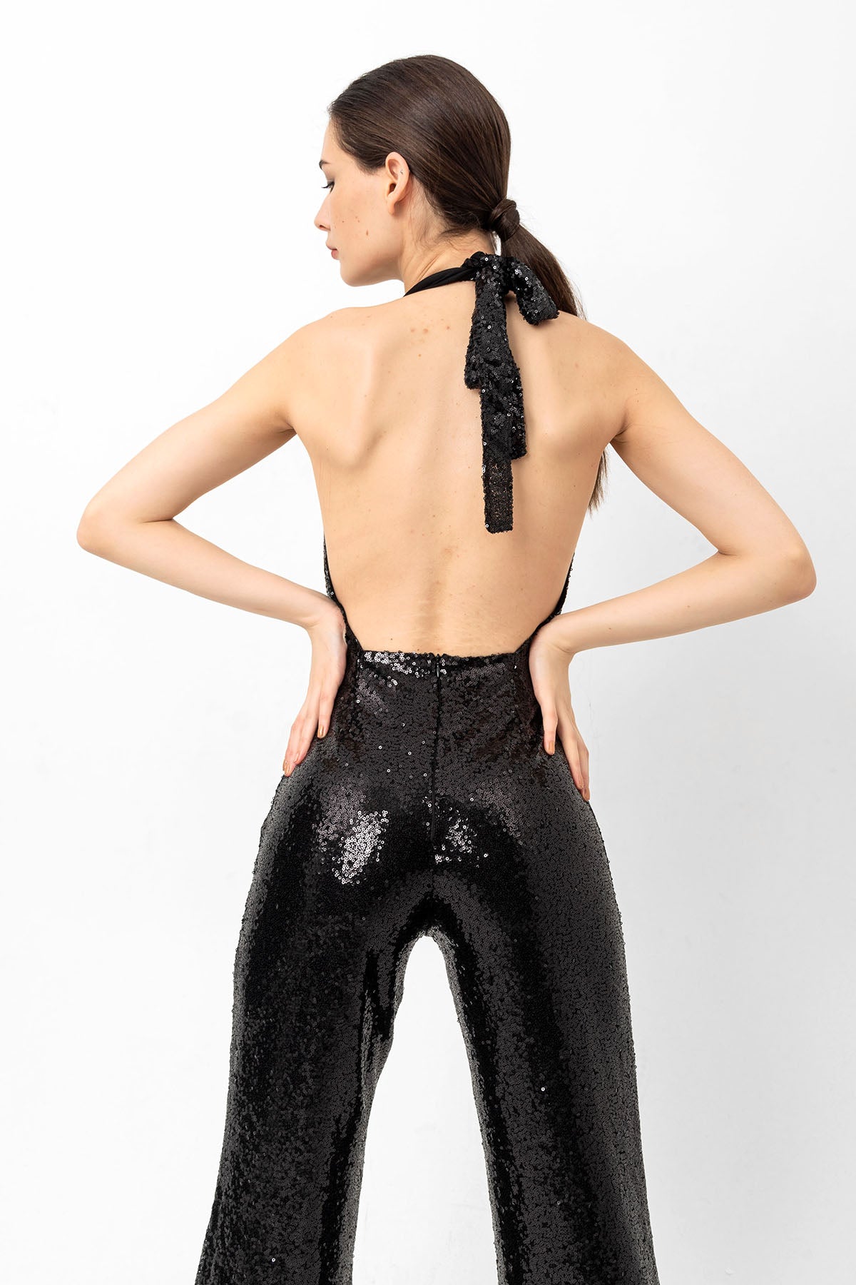 V Yaka Pul Payetli Siyah Abiye Tulum