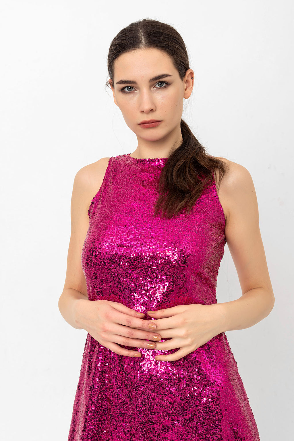 Pul Payetli Fuşya Mini Elbise