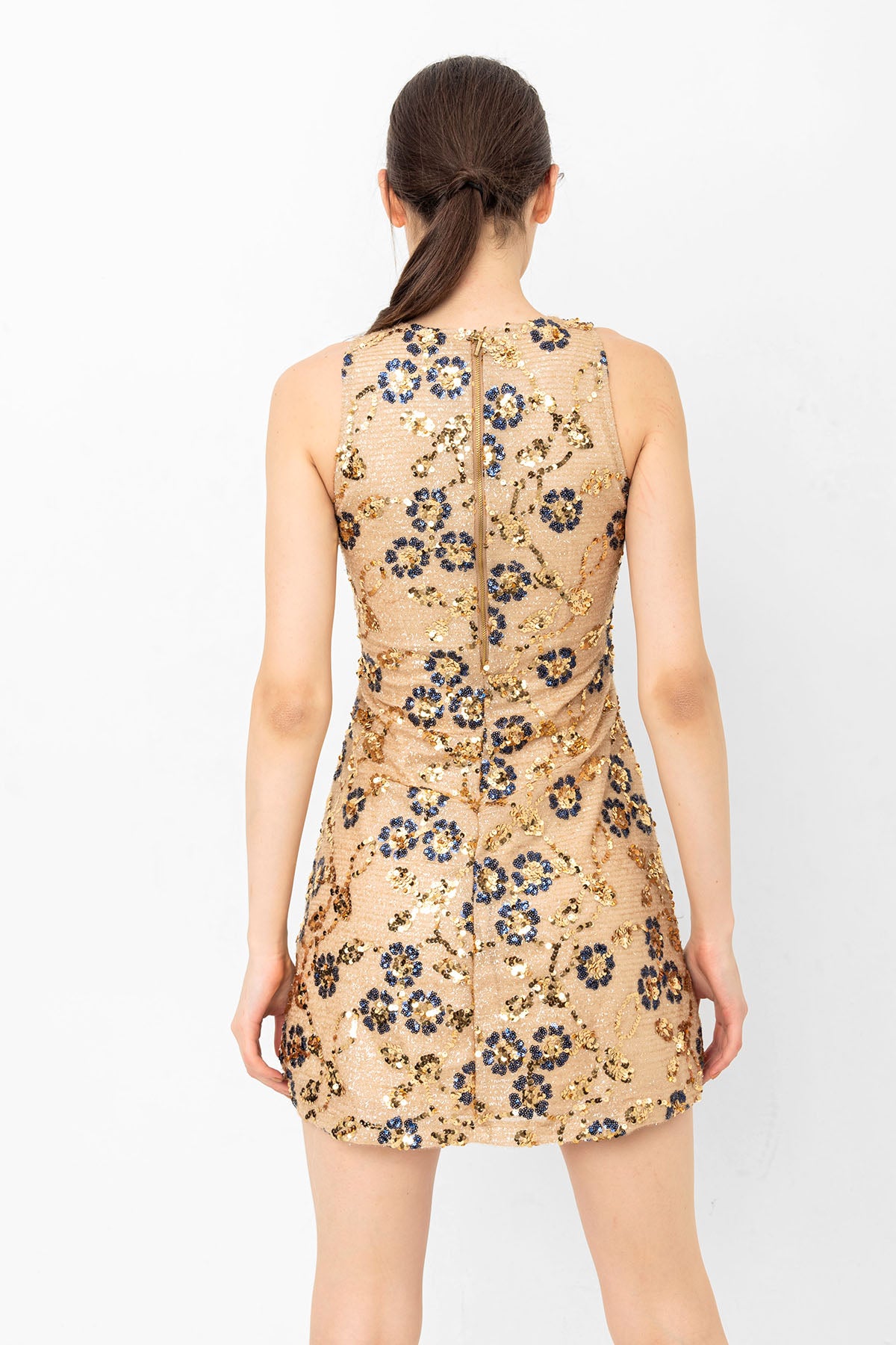 Pul Payetli Çiçekli Gold Mini Elbise