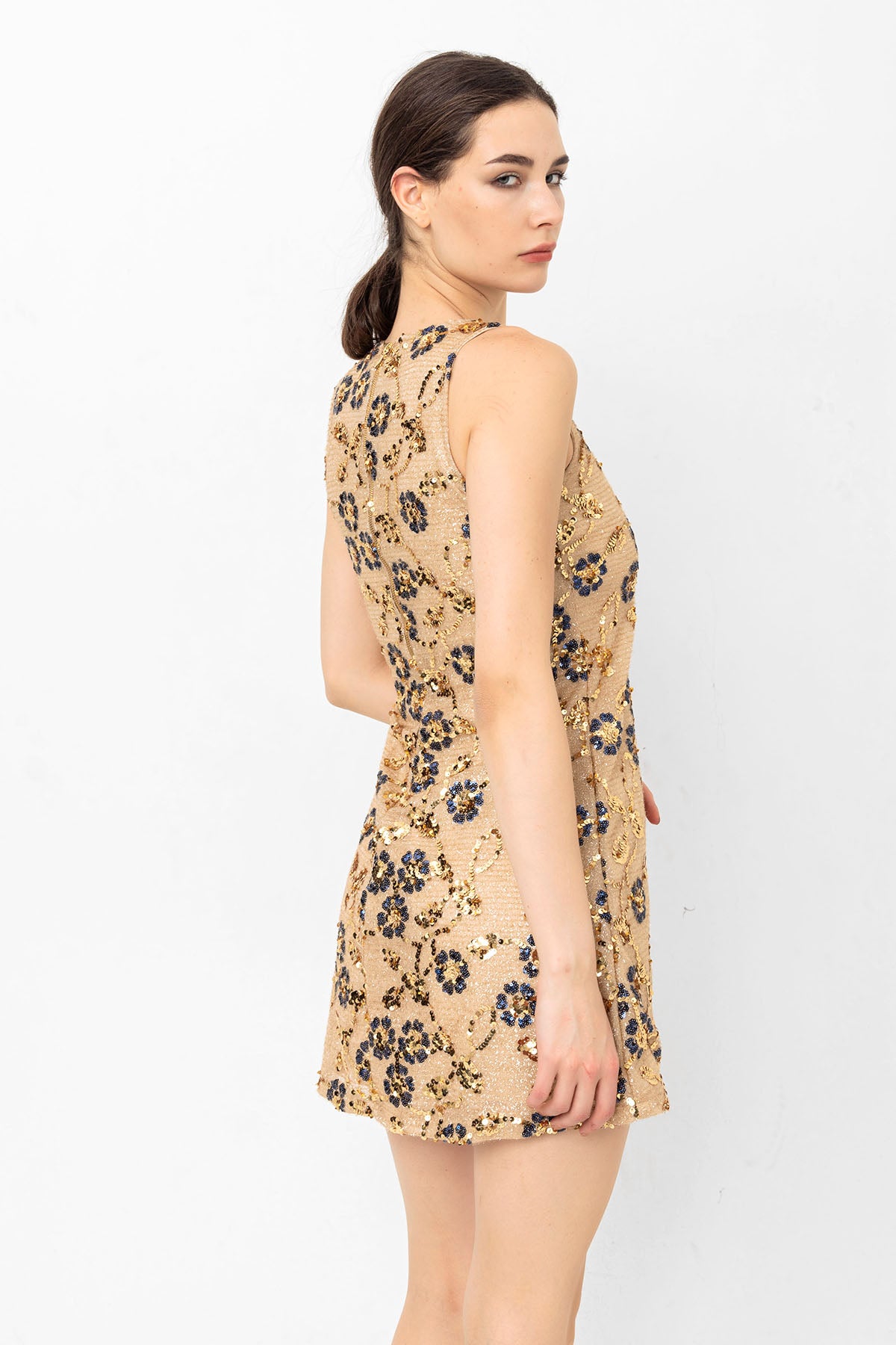 Pul Payetli Çiçekli Gold Mini Elbise